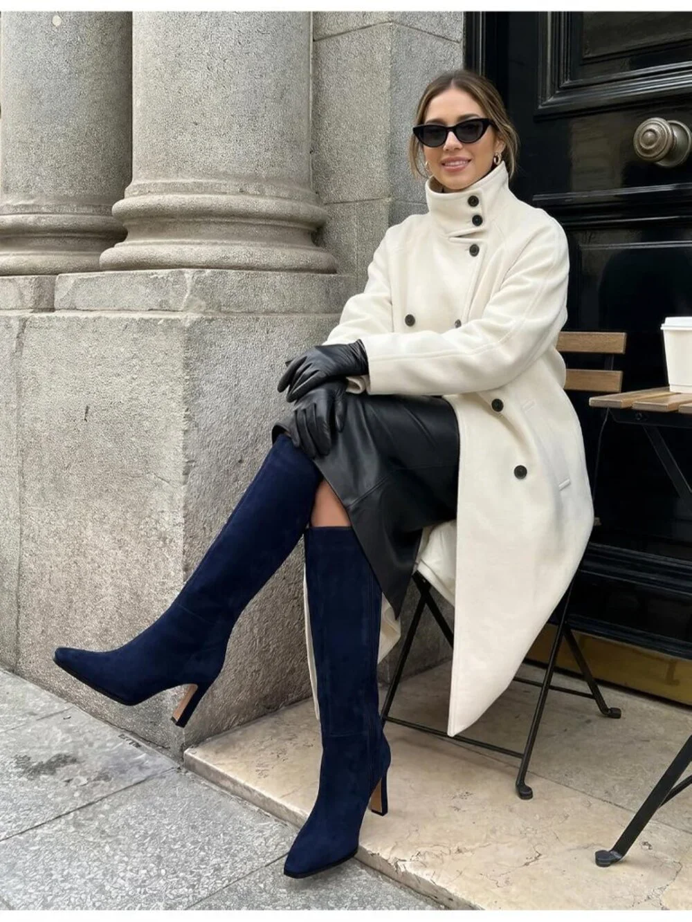 Women's Navy Faux Suede Pointed Square Toe Stiletto Chunky Heel Knee High Boots